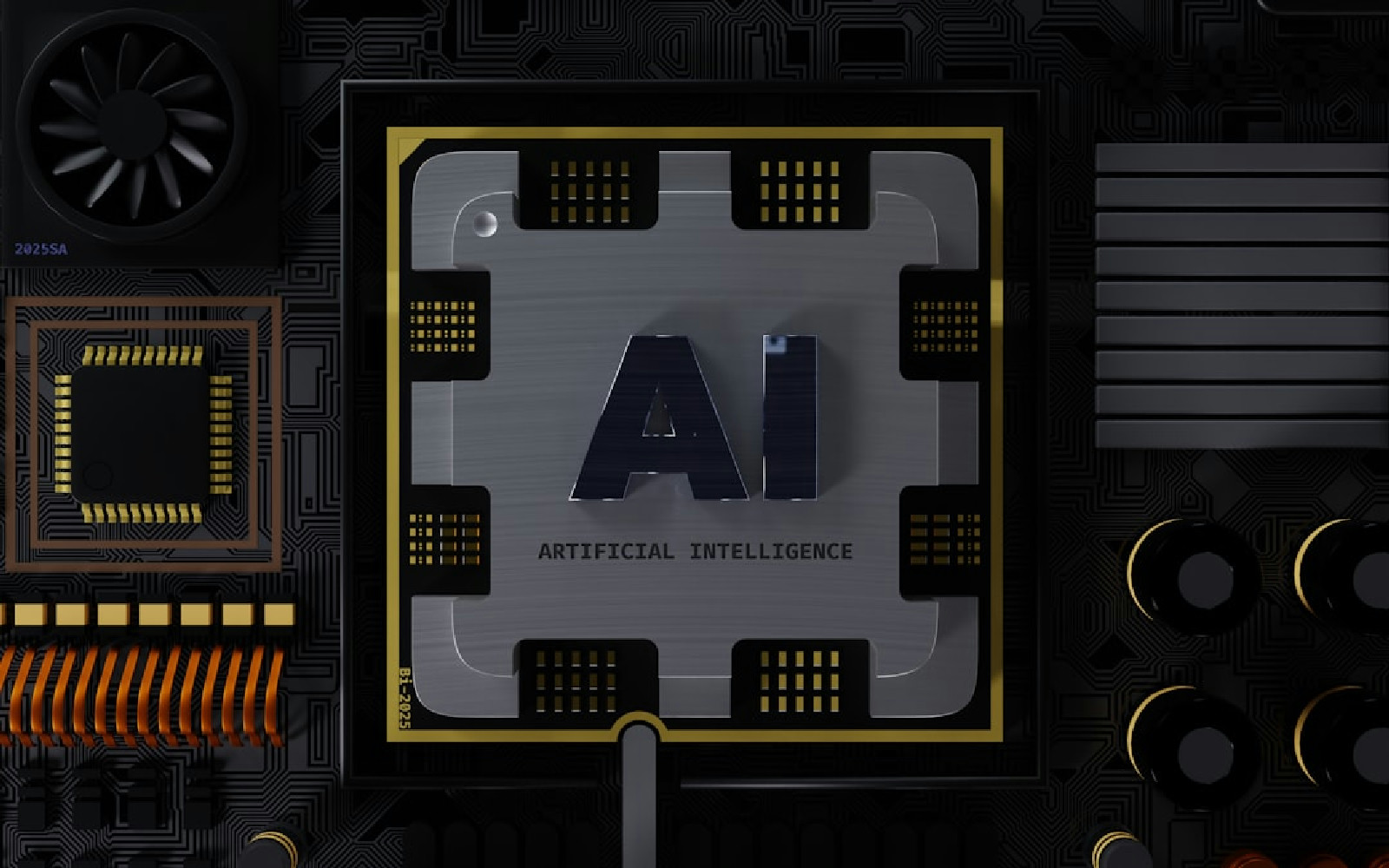 A powerful computer chip with the letter AI on it representing the engine of artificial intelligence