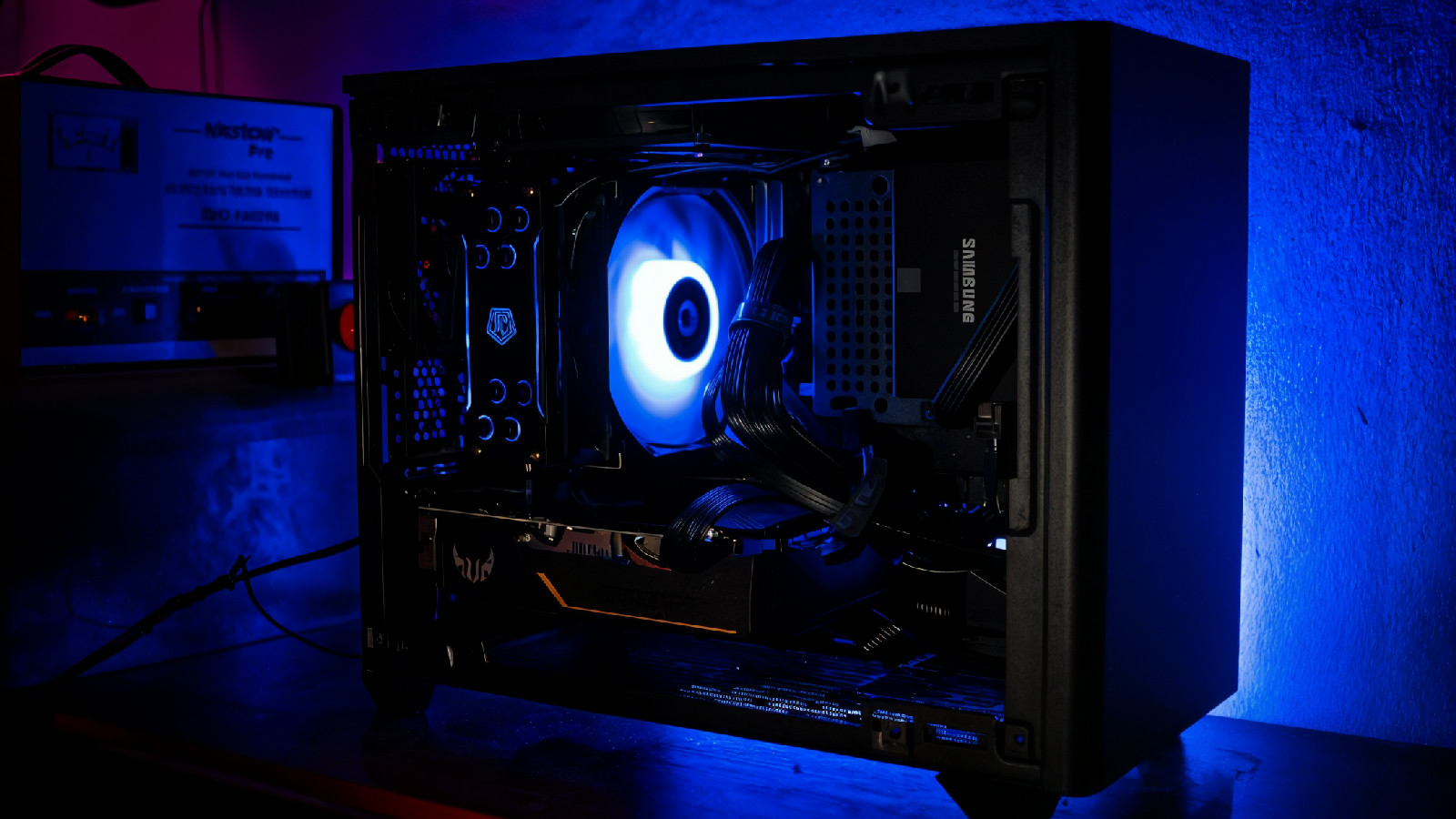 black and blue audio mixer