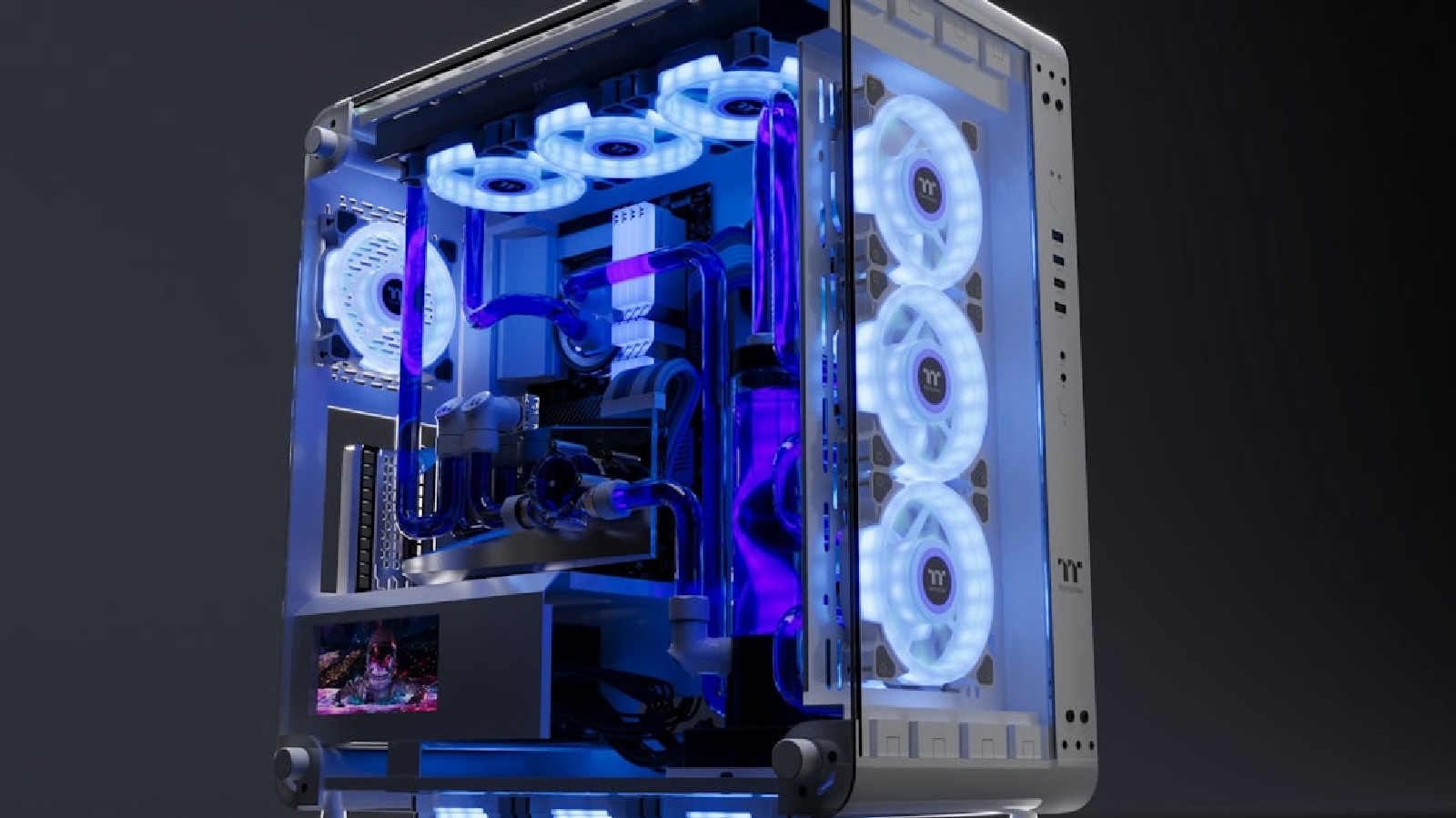 Gabinete gamer com componentes internos e luz azul