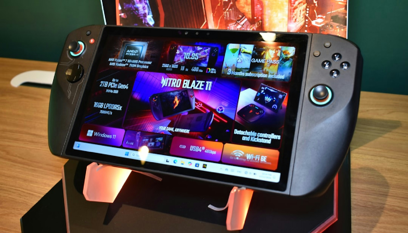 Um console de jogos portátil com uma tela grande, exemplificando o uso de hardware moderno