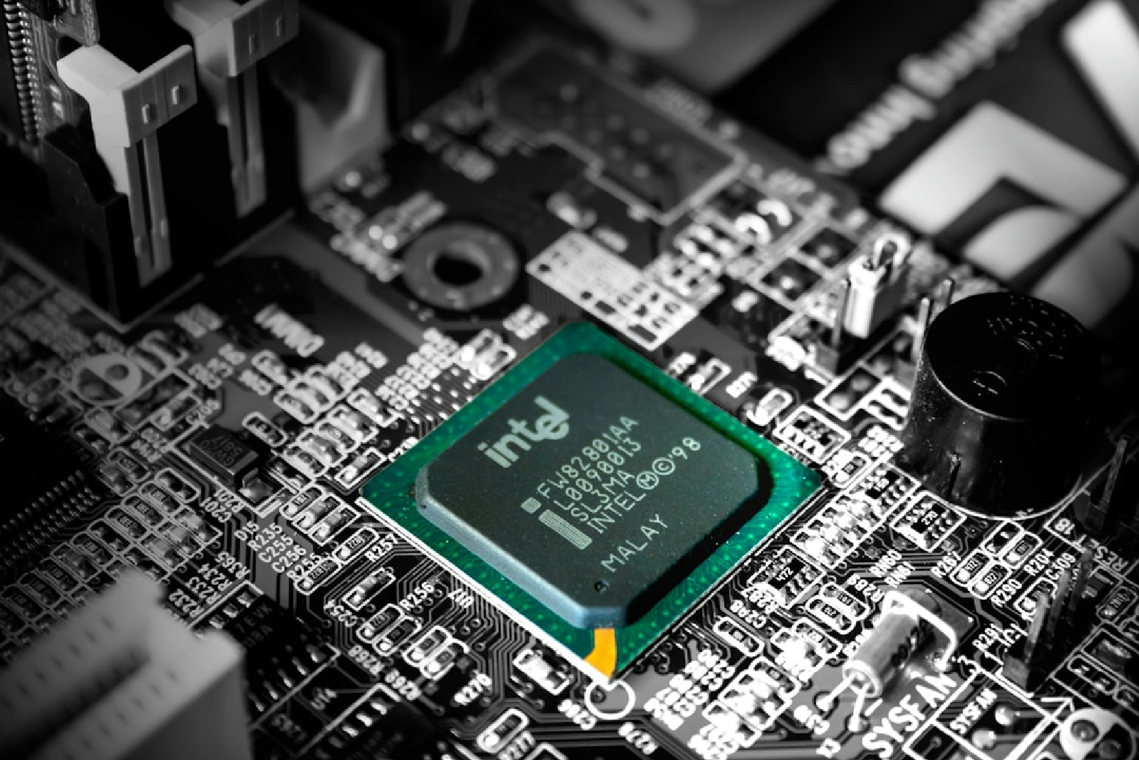 Detalhe macro de um processador de computador moderno