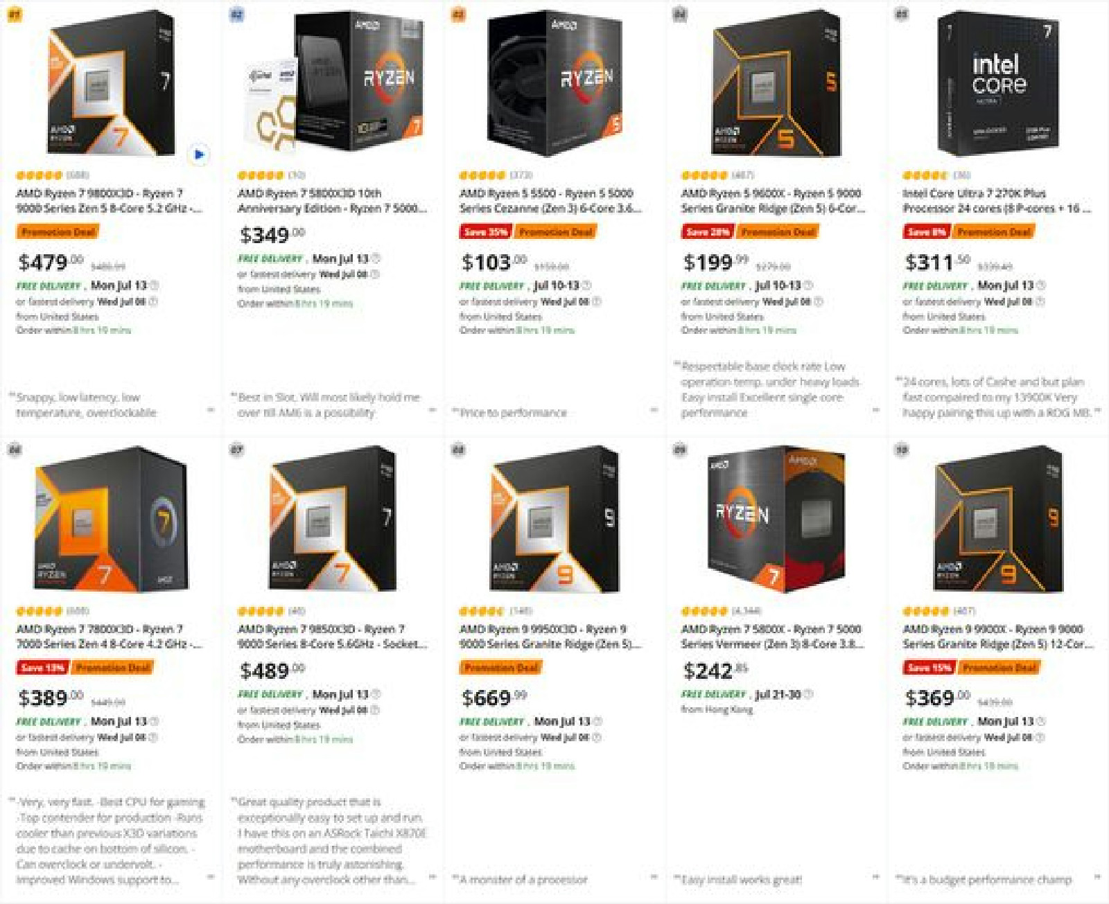Vitrine de processadores com os modelos CPUs AMD Ryzen mais vendidos