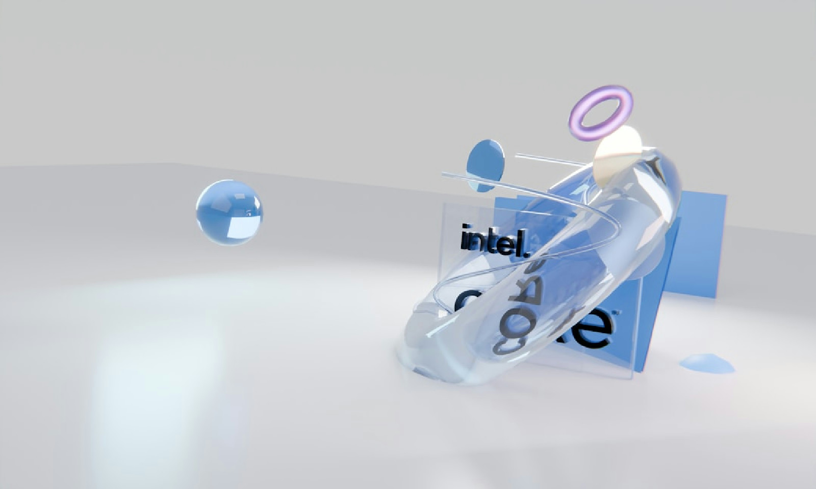 3D rendered 'intel core' logo with blue geometric shapes.