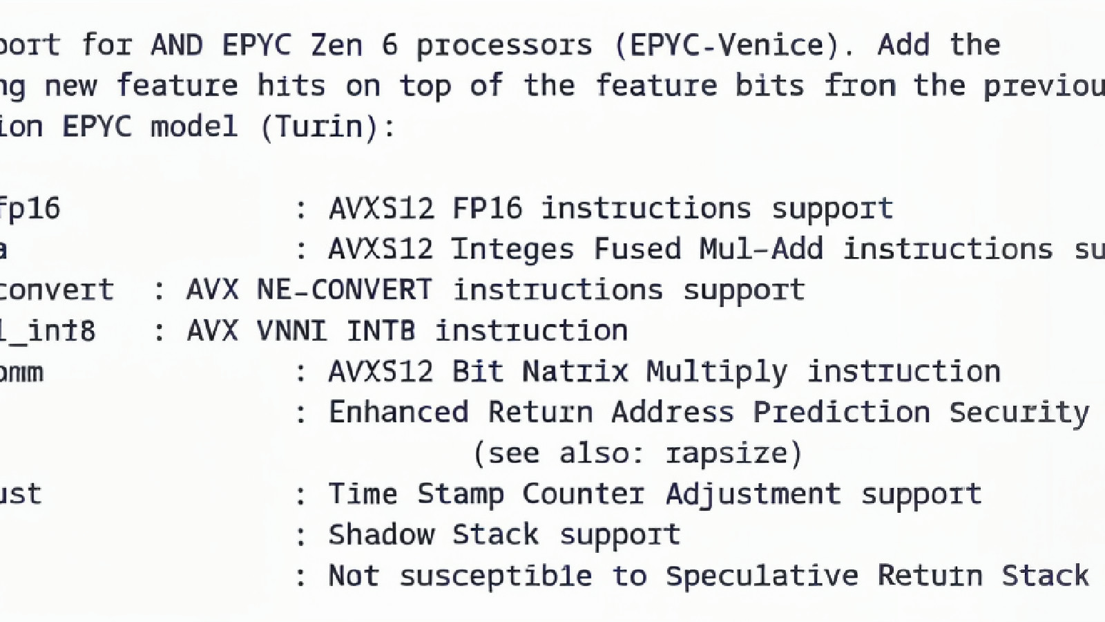 A mensagem de commit do patch do QEMU de Ben Cheatham, listando os novos recursos adicionados para o Epyc-Venice.